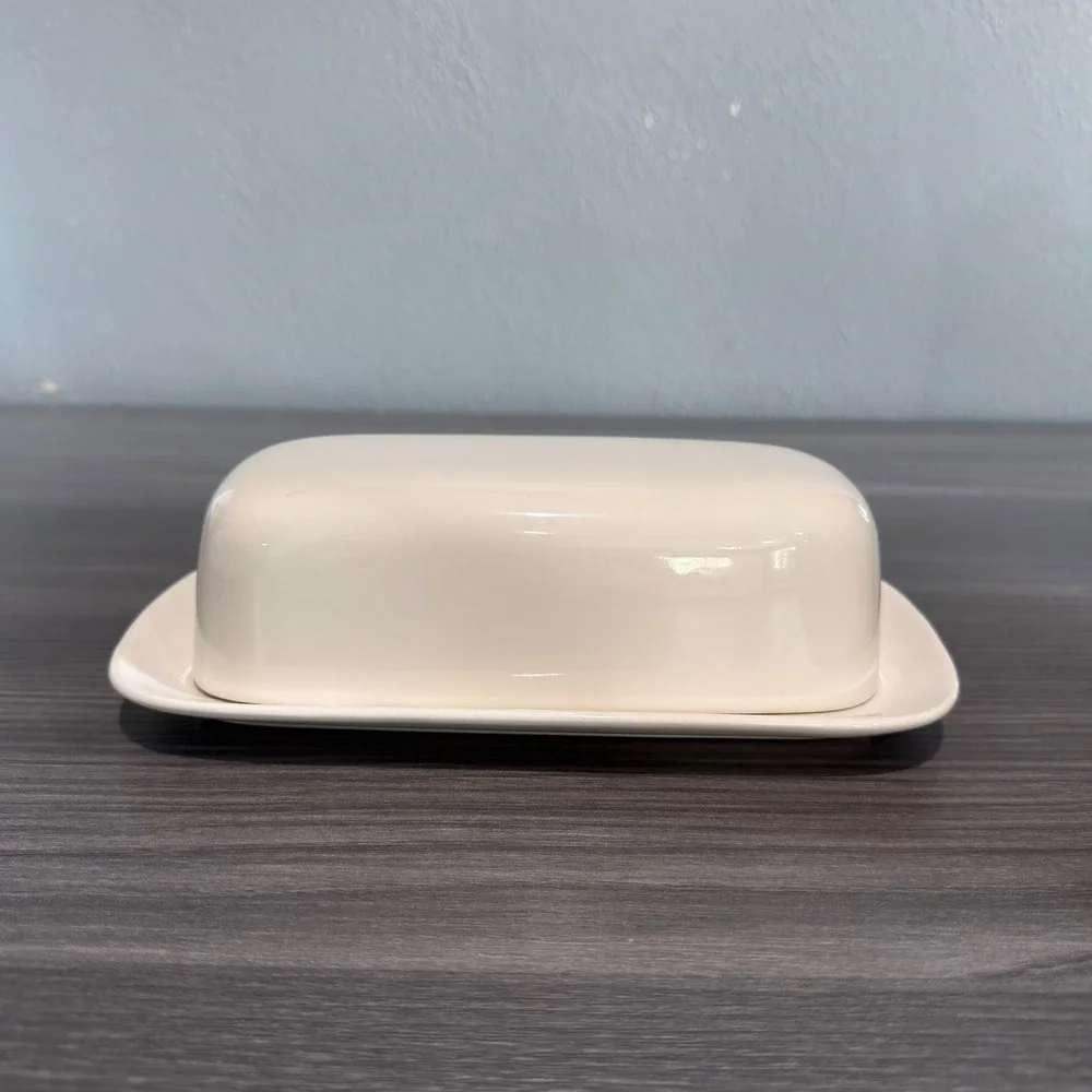 Vintage C&R Japan Cream Ceramic Butter Dish with Lid Minimalist Off White 8 Inch
